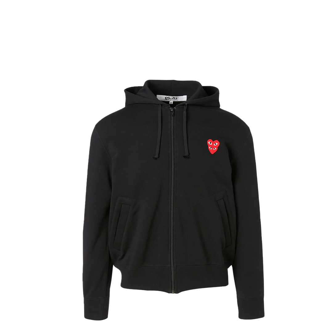 CDG RED DOUBLE HEART ZIP UP HOODIE BLACK