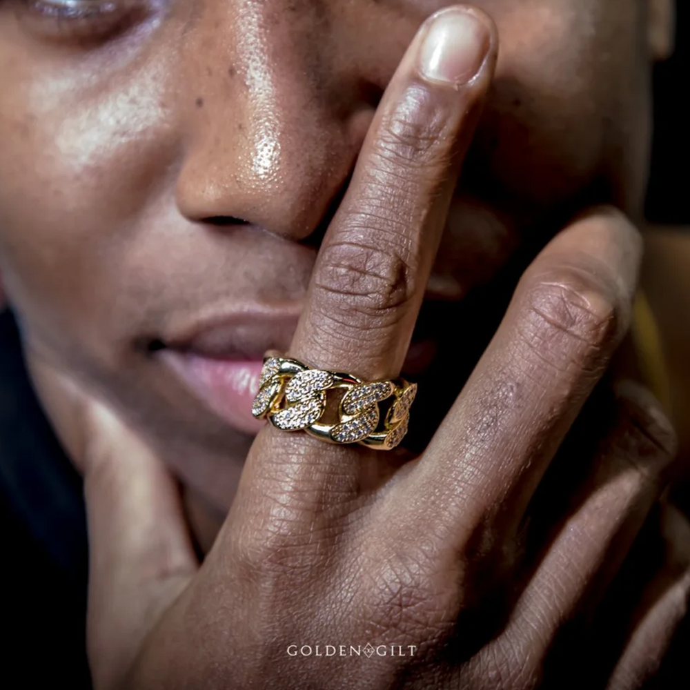 STUDDED CUBAN LINK RING -18K GOLD PLATED
