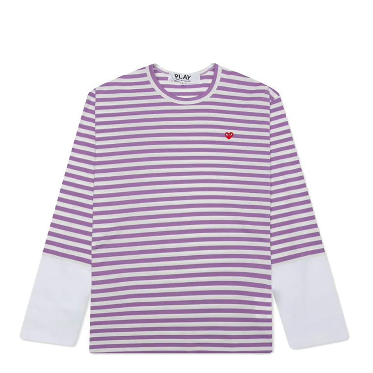 CDG PANELED STRIPED SMALL RED HEART LONG SLEEVE T-SHIRT PURPLE