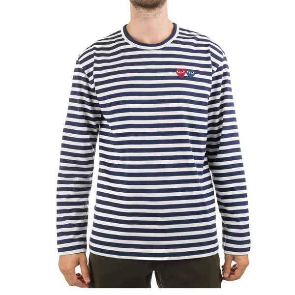 CDG NAVY STRIPE DOUBLE HEART LONG SLEEVE T-SHIRT