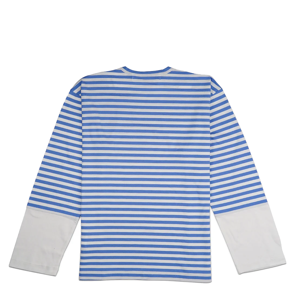 CDG PANELED STRIPED SMALL RED HEART LONG SLEEVE T-SHIRT BLUE