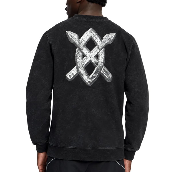 TEXTURED METALLIC SHIELD SWEATER WASHED BLACK