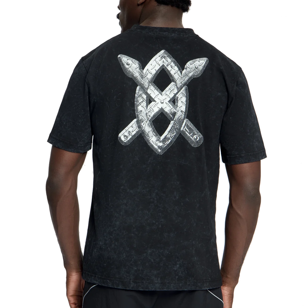 TEXTURED METALLIC SHIELD T-SHIRT WASHED BLACK
