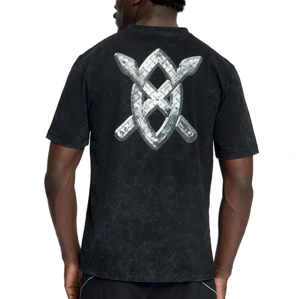 TEXTURED METALLIC SHIELD T-SHIRT WASHED BLACK