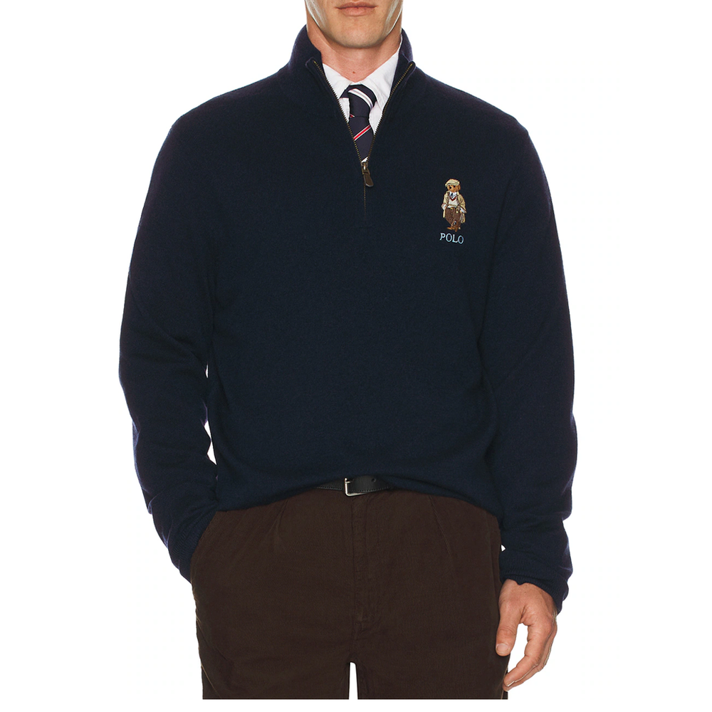 MERINO WOOL NOVELTY BEAR 1/2 ZIP BLUE SWEATER