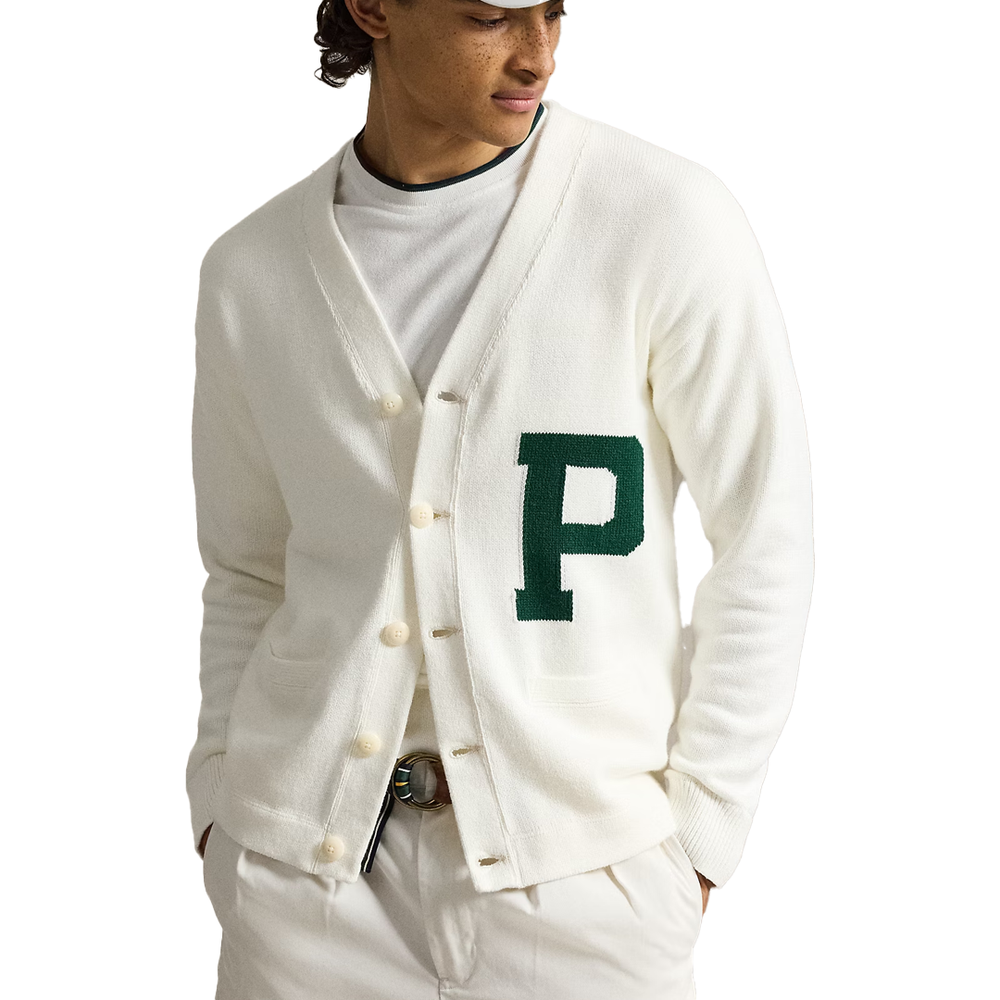 RELAXED FIT COTTON LETTER CARDIGAN CREAM COMBO