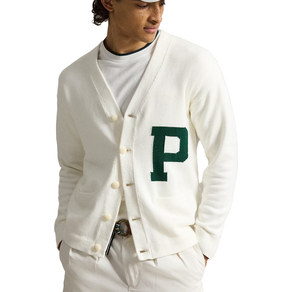 RELAXED FIT COTTON LETTER CARDIGAN CREAM COMBO