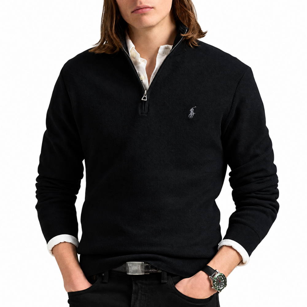 COTTON QUARTER ZIP SWEATER POLO BLACK