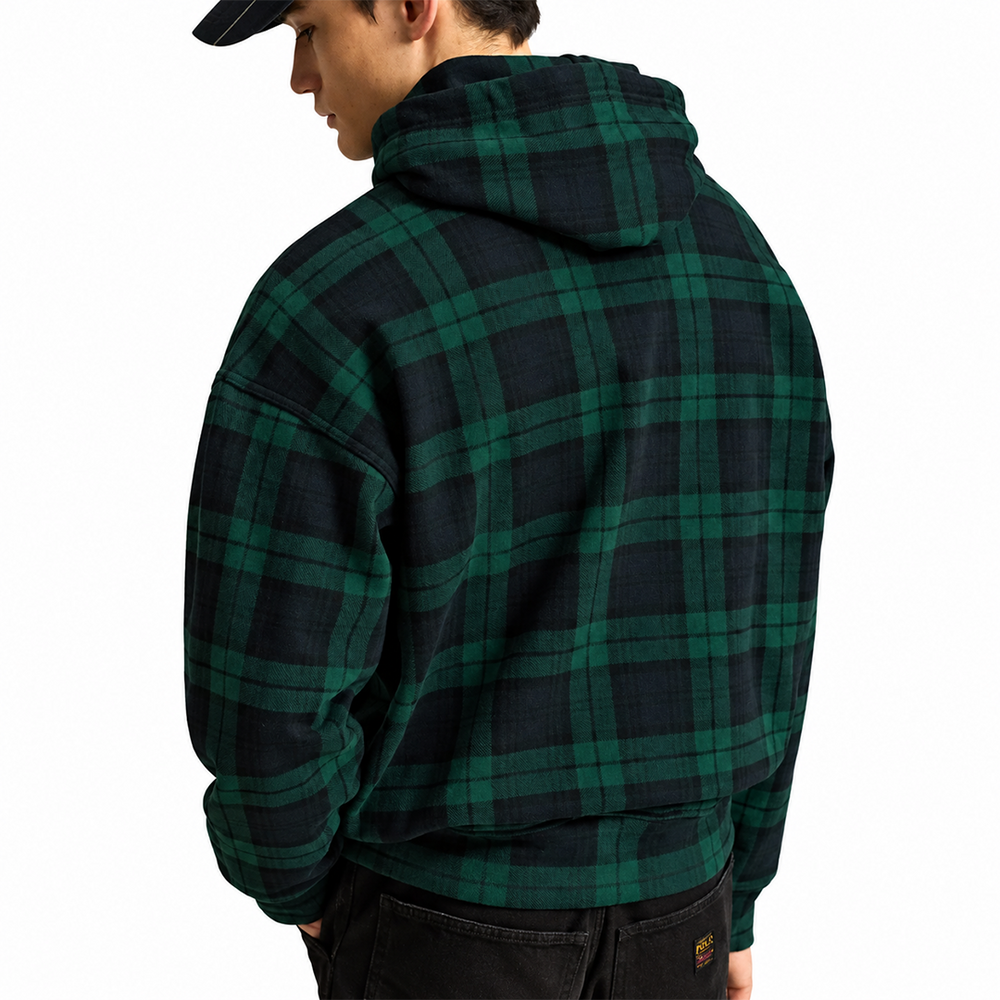 CHECKERED COTTON-BLEND HOODIE FOREST GREEN / BLACK
