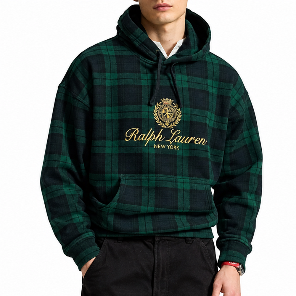 CHECKERED COTTON-BLEND HOODIE FOREST GREEN / BLACK
