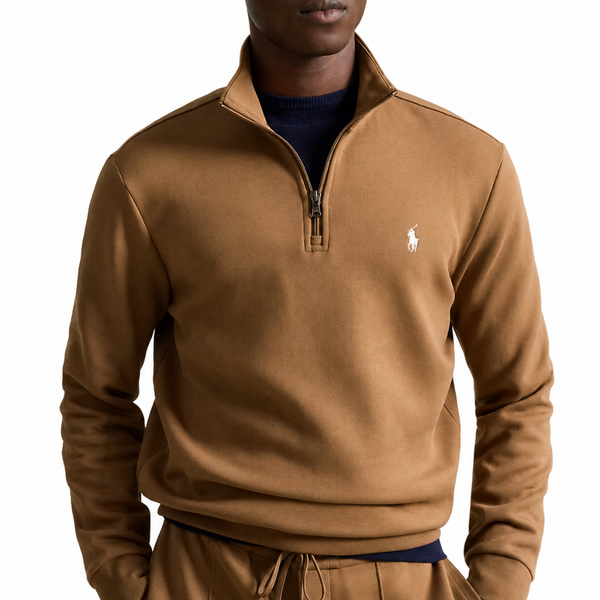 DOUBLE-KNIT QUARTER ZIP PULLOVER LUGGAGE BROWN