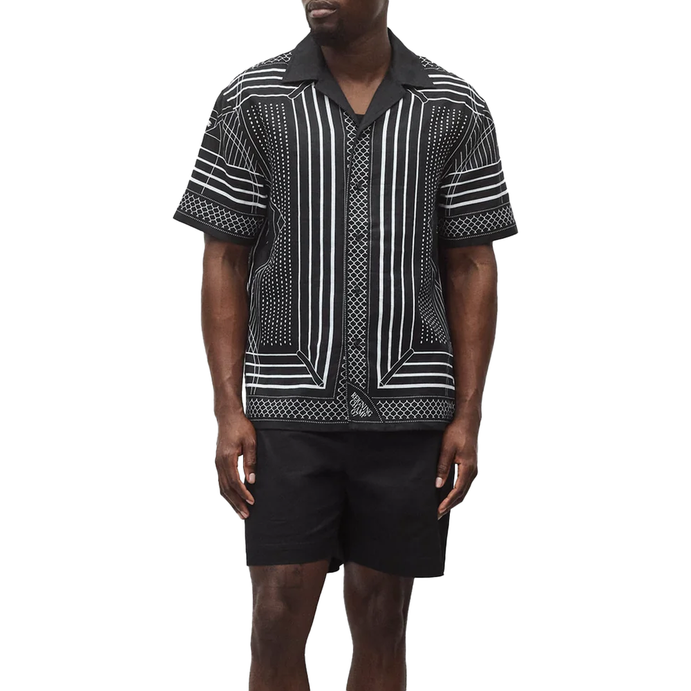 LINEN ARENA RELAXED CAMP SHIRT BLACK/WHITE
