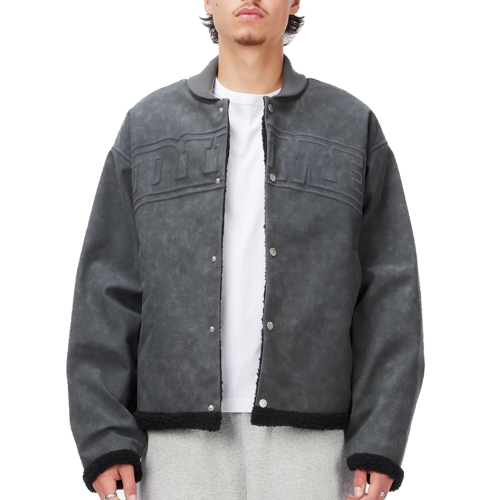 FAUX SUEDE VARSITY JACKET CHARCOAL