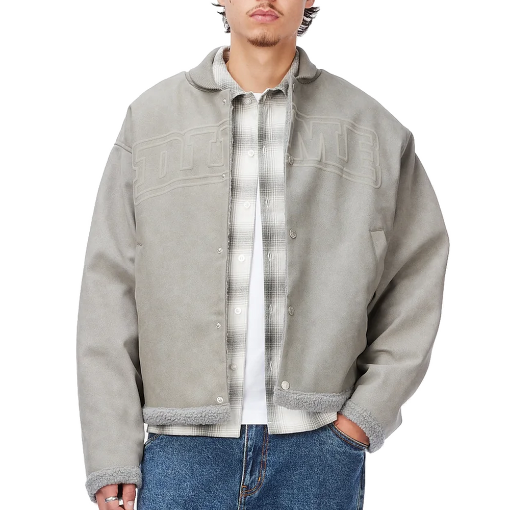 FAUX SUEDE VARSITY JACKET GRAY