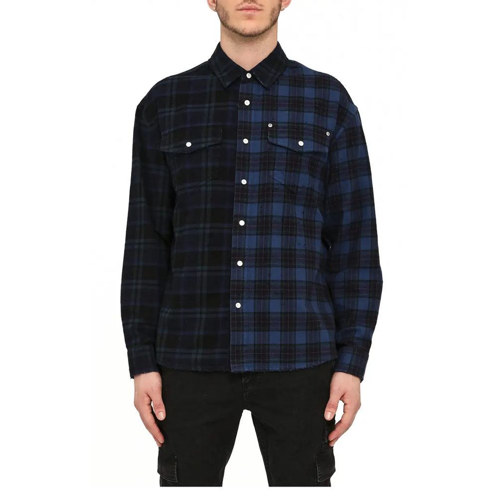 DUAL PLAID BUTTON UP LONG SLEEVE SHIRT - TRUE NAVY OVERDYE