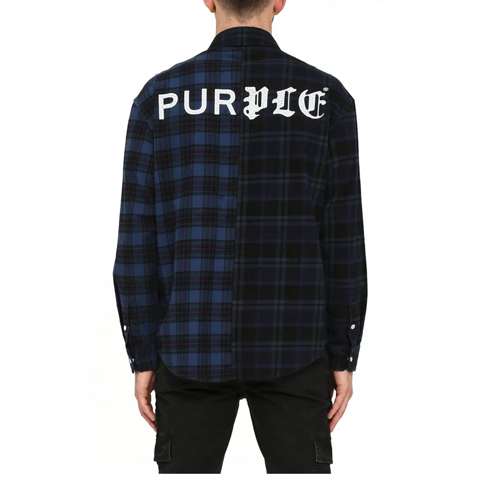 DUAL PLAID BUTTON UP LONG SLEEVE SHIRT - TRUE NAVY OVERDYE