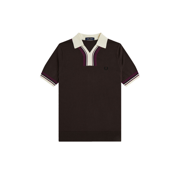 TIPPED OPEN NECK KNITTED SHIRT RICH BROWN