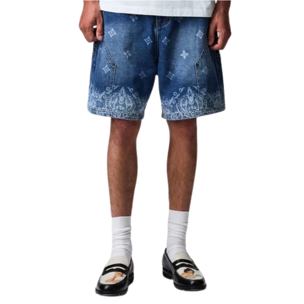 LASER PRINT DENIM SHORTS MID BLUE