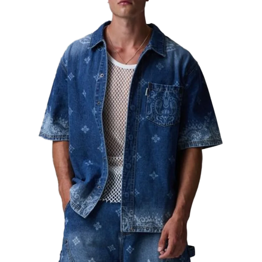 LASER PRINT DENIM SHIRT MID BLUE
