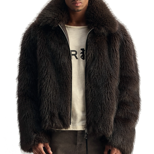FAUX FUR SHAWL JACKET BROWN