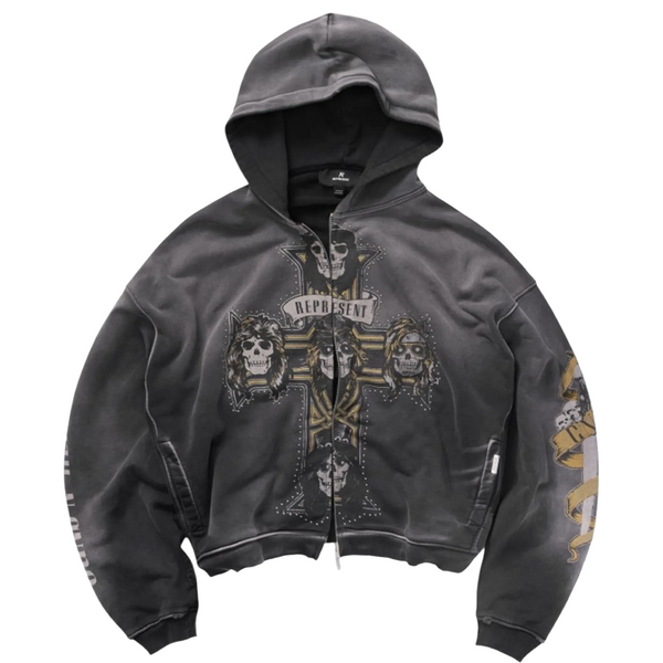 GUNS N' ROSES CROSS ZIP THROUGH HOODIE STAINED BLACK