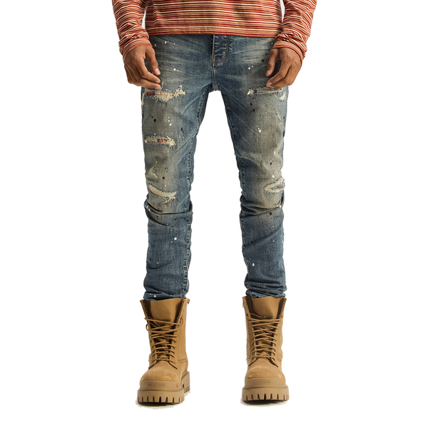 P001 PLAID PAINT REPAIR JEANS MID INDIGO