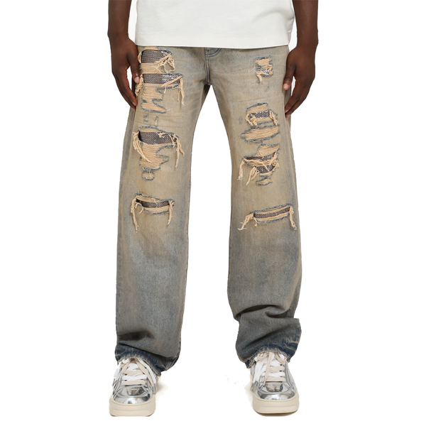 TINTED SEQUIN REPAIR BAGGY DENIM LIGHT INDIGO