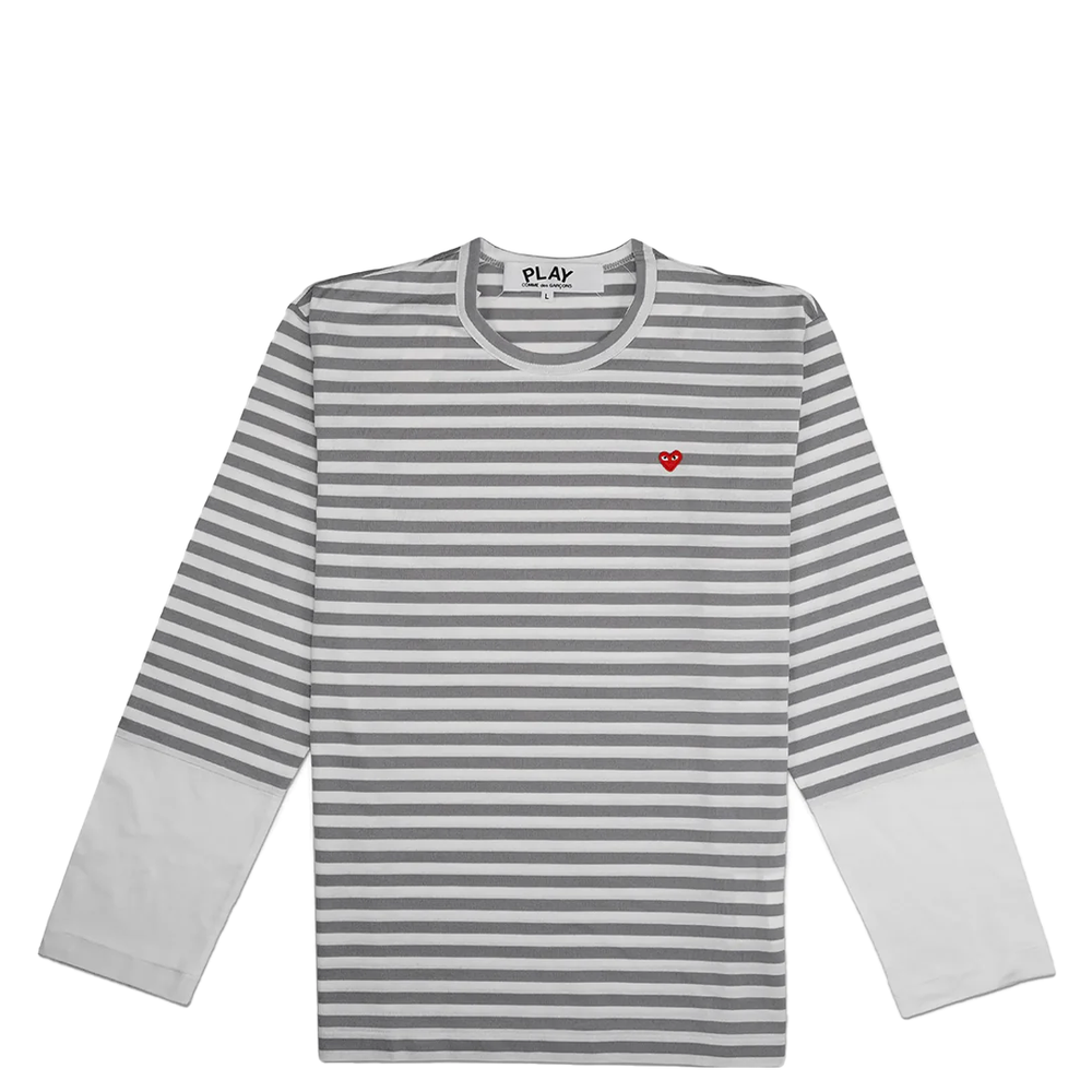 CDG PANELED STRIPED SMALL RED HEART LONG SLEEVE T-SHIRT GREY