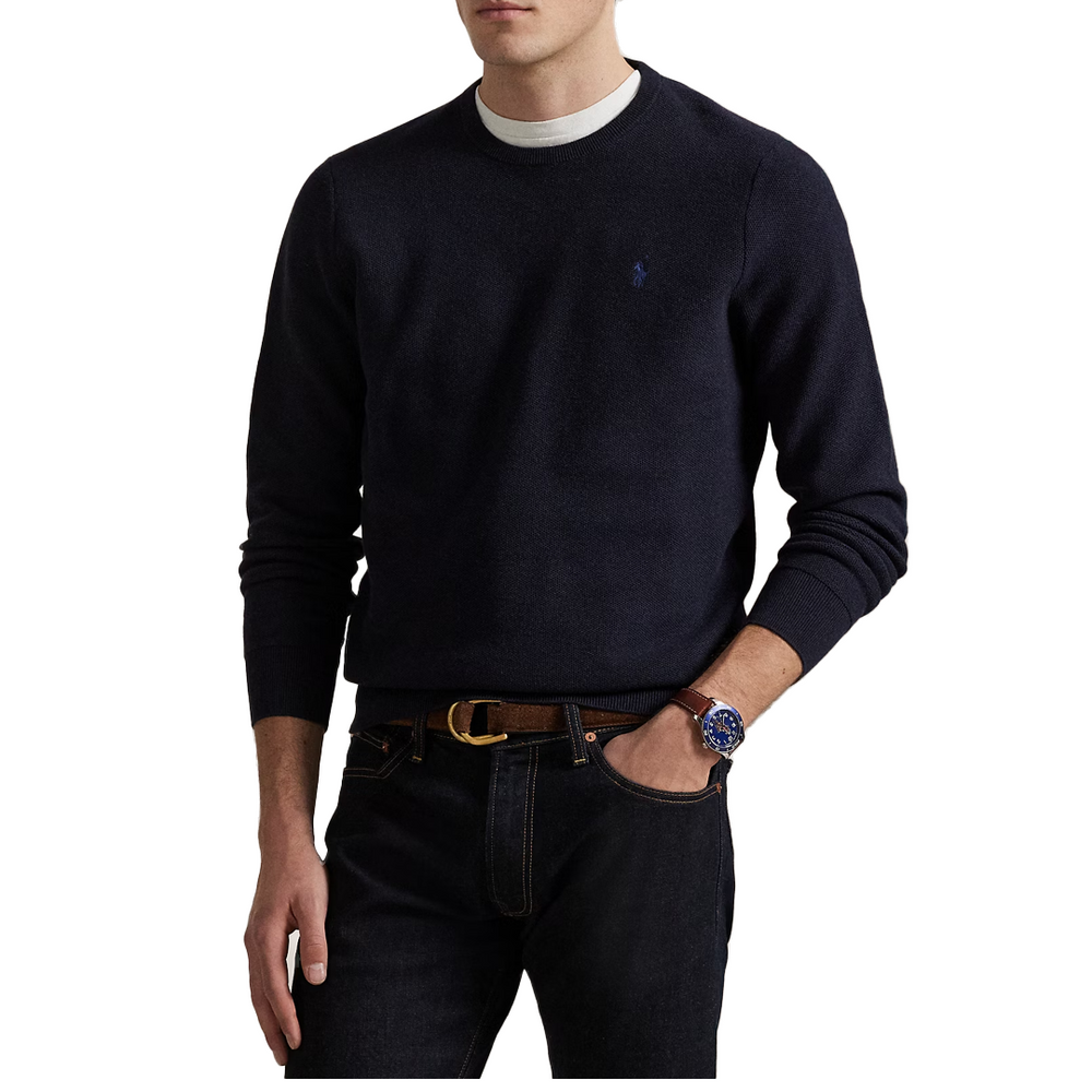 MESH-KNIT COTTON CREWNECK SWEATER NAVY