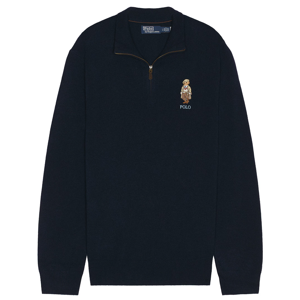 MERINO WOOL NOVELTY BEAR 1/2 ZIP BLUE SWEATER