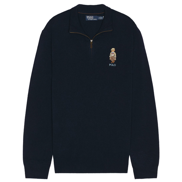 MERINO WOOL NOVELTY BEAR 1/2 ZIP BLUE SWEATER